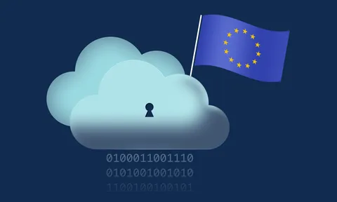 Wolk met sleutelgat en Europese vlag rondom het thema data soevereiniteit